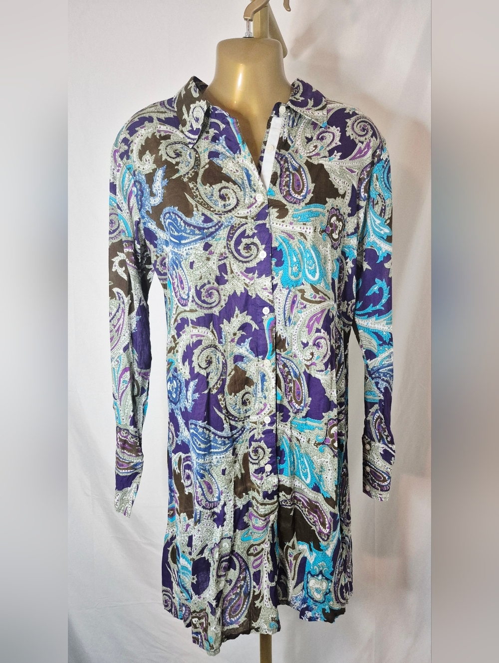 Magazine Women's Paisley Button-Front Tunic Dress in Purple and Turquoise NWT S